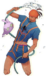 Rule 34 | 1boy, :d, abs, absurdres, blue shirt, blue shorts, brown hair, closed eyes, collared shirt, commentary request, creatures (company), dark-skinned male, dark skin, earrings, game freak, gen 6 pokemon, goomy, headband, highres, holding, hose, jewelry, knees, male focus, nachos (chos na), nintendo, open mouth, orange headband, pokemon, pokemon (creature), pokemon swsh, raihan (pokemon), shirt, short hair, short sleeves, shorts, smile, undercut, water, water drop