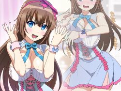 Rule 34 | 1girl, :d, blue dress, blue neckwear, blurry, blurry background, blush, bow, bow hairband, bowtie, breasts, brown hair, cleavage cutout, clothing cutout, cowboy shot, cross-laced clothes, dress, flying sweatdrops, frilled dress, frills, fujisaki yua, hair bow, hairband, hands up, head out of frame, indoors, large breasts, long hair, looking at viewer, multiple views, nose blush, open mouth, pink hairband, short dress, sleeveless, smile, standing, sweatdrop, tonbi, upper body, virtual youtuber, wing collar, wrist cuffs, yua (youtube)