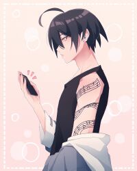 Rule 34 | 1boy, absurdres, ahoge, alternate costume, arm tattoo, black hair, black shirt, brown background, cheer (cheerpuppy14), danganronpa (series), danganronpa v3: killing harmony, earphones, from side, highres, holding, holding phone, musical note tattoo, notice lines, off shoulder, phone, saihara shuichi, shirt, simple background, solo, tattoo