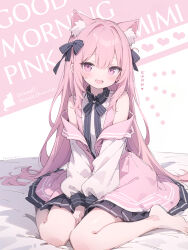 Rule 34 | 1girl, animal ear fluff, animal ears, bare shoulders, barefoot, between legs, black bow, black ribbon, black skirt, blush, bow, cat ears, collared shirt, detached sleeves, english text, full body, hair bow, hair ribbon, hand between legs, heart, highres, llrinnell, long hair, looking at viewer, necktie, on bed, open mouth, original, pink eyes, pink hair, pink skirt, ribbon, shirt, signature, sitting, skirt, smile, solo, wariza, white background, white shirt