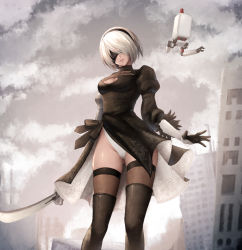 Rule 34 | 1girl, absurdres, annno ans, black dress, black footwear, black hairband, black thighhighs, blindfold, boots, breasts, building, cleavage, cleavage cutout, clothing cutout, cloud, cloudy sky, commentary request, day, dress, feather trim, floating, gloves, gluteal fold, hair ornament, hairband, highres, holding, holding sword, holding weapon, katana, leotard, leotard under clothes, lips, long sleeves, medium breasts, mole, mole under mouth, nier (series), nier:automata, outdoors, parted lips, pod (nier:automata), robot, shiny clothes, shiny skin, short dress, short hair, simple background, sky, smile, sword, thigh boots, thighhighs, thighs, turtleneck, weapon, white hair, 2b (nier:automata)