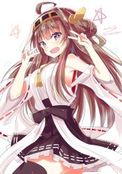 Rule 34 | 1girl, ahoge, bare shoulders, blush, breasts, brown hair, detached sleeves, double bun, double v, hair between eyes, hair ornament, hairband, headgear, high heels, highres, hizaka, japanese clothes, kantai collection, kongou (kancolle), long hair, looking at viewer, nontraditional miko, one-hour drawing challenge, open mouth, ribbon, simple background, skirt, smile, solo, twitter username, v, white background