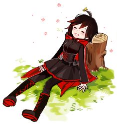 Rule 34 | 1girl, ahoge, bad id, bad twitter id, boots, bug, butterfly, corset, closed eyes, gothic lolita, insect, lolita fashion, pantyhose, ruby rose, rwby, short hair, solo
