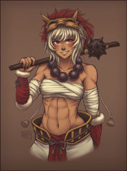 Rule 34 | 1girl, abs, bandaged arm, bandages, bare shoulders, beads, biceps, dark-skinned female, dark skin, facepaint, facial tattoo, fang, fire emblem, fire emblem fates, fur trim, gradient background, iahfy, mace, mask, mask on head, midriff, multicolored hair, muscular, muscular female, navel, nintendo, no shirt, over shoulder, prayer beads, red eyes, red hair, rinkah (fire emblem), sarashi, short hair, smile, solo, stomach, tattoo, toned, two-tone hair, upper body, vambraces, weapon, weapon over shoulder, white hair