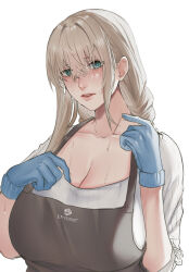 Rule 34 | 1girl, absurdres, apron, blue gloves, blush, breasts, brown apron, cleavage, collarbone, gloves, hair between eyes, highres, huge breasts, light brown hair, looking at viewer, mature female, milephunter, original, shirt, simple background, solo, sweat, upper body, white background, white shirt