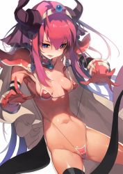 Rule 34 | 1girl, armor, armpits, between legs, bikini, bikini armor, bikini pull, black gloves, black thighhighs, blue eyes, blush, breasts, cape, clothes pull, commentary, covered erect nipples, elbow gloves, elizabeth bathory (brave) (fate), elizabeth bathory (fate), fate/grand order, fate (series), gloves, gluteal fold, groin, hair between eyes, horns, legs apart, long hair, looking down, navel, no nose, olys, open mouth, pauldrons, pink hair, red armor, red gloves, shiny skin, shoulder armor, sidelocks, single thighhigh, small breasts, solo, string bikini, swimsuit, tail, tail between legs, tears, thighhighs, thighs, tsurime