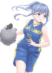 Rule 34 | 1girl, 1other, alternate costume, animal, basketball uniform, blue eyes, blue hair, blush, clothes writing, collarbone, feet out of frame, gotland (kancolle), highres, kantai collection, long hair, mole, mole under eye, open mouth, sheep, simple background, sportswear, takomeshi, uniform, white background