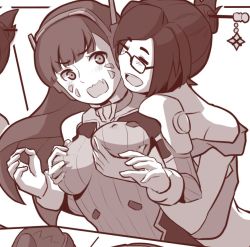 Rule 34 | 2girls, blush, bodysuit, grabbing another&#039;s breast, breasts, breasts squeezed together, brown hair, closed eyes, covered erect nipples, d.va (overwatch), facial mark, glasses, grabbing, grabbing from behind, groping, hair bun, hair ornament, hair stick, headphones, large breasts, long hair, looking at another, mei (overwatch), monochrome, multiple girls, niseoto, open mouth, overwatch, overwatch 1, single hair bun, surprised, swept bangs, whisker markings, yuri