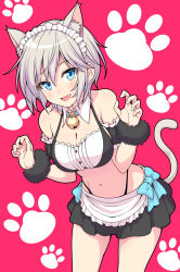 Rule 34 | 1girl, alternate costume, anastasia (idolmaster), animal ears, bare shoulders, bell, blue eyes, breasts, cat ears, cat tail, claw pose, cleavage, cowboy shot, detached collar, enmaided, fang, frills, hair between eyes, highres, idolmaster, idolmaster cinderella girls, idolmaster cinderella girls starlight stage, large breasts, leaning forward, looking at viewer, lowleg, lowleg skirt, maid, maid headdress, midriff, mzde2873, navel, open mouth, panty straps, paw print, paw print background, short hair, silver hair, simple background, skirt, smile, solo, tail, wristband