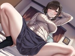 Rule 34 | 1girl, absurdres, arm up, bad link, black socks, blue skirt, blurry, blurry background, blush, breasts, brown eyes, brown hair, dutch angle, foot out of frame, grin, hair between eyes, hair bun, highres, indoors, jack dempa, large breasts, long sleeves, looking at viewer, mature female, on bed, original, pleated skirt, ribbed sweater, sidelocks, skirt, smile, socks, solo, squatting, sweat, sweater, thighs, turtleneck, turtleneck sweater, white sweater
