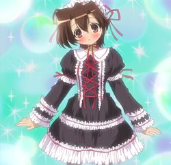 Rule 34 | 00s, 1girl, blush, brown eyes, brown hair, dress, forced dressing, genderswap, genderswap (mtf), goth fashion, hairband, hasegawa takuto, headband, highres, magician&#039;s academy, non-web source, screencap, short hair, solo, standing, stitched, third-party edit