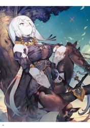 Rule 34 | 1girl, atelier (series), atelier ryza, atelier ryza 1, blue eyes, bodysuit, breasts, colored skin, fur, grey hair, hair ornament, heterochromia, highres, impossible bodysuit, impossible clothes, in tree, large breasts, lila decyrus, long hair, looking at viewer, official art, outdoors, red eyes, shooting star, sitting, sitting in tree, sky, solo, toridamono, tree, twintails, white skin