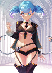 1girl absurdres architecture belt between_breasts blue_eyes blue_hair bra braid breasts cape cleavage column demon_tail emblem facial_mark fantasy fingernails garter_straps gluteal_fold hand_up high_ceiling highres large_breasts long_fingernails long_sleeves loose_socks medium_hair micro_shorts multicolored_eyes multicolored_hair multiple_tails nail_polish narrowed_eyes navel necktie necktie_between_breasts open_fly original pillar purple_eyes purple_hair shorts smile socks solo tail thigh_gap thighhighs thighs twintails two-tone_hair two_tails underboob underwear yoko-ya_manjirou