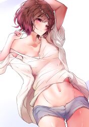 Rule 34 | 1girl, airi rei, arm up, blush, breasts, brown hair, camisole, collarbone, groin, hair ornament, hairpin, highres, higuchi madoka, idolmaster, idolmaster shiny colors, jacket, looking at viewer, medium breasts, mole, mole under eye, navel, red eyes, short shorts, shorts, simple background, single bare shoulder, solo, white background, white camisole, white jacket