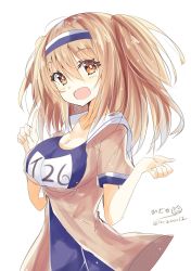 Rule 34 | 1girl, blush, breasts, brown eyes, brown hair, hair between eyes, hair ornament, hairband, highres, hizaka, i-26 (kancolle), kantai collection, large breasts, long hair, looking at viewer, name tag, new school swimsuit, one-hour drawing challenge, one-piece swimsuit, open clothes, open mouth, sailor collar, school swimsuit, short sleeves, simple background, smile, solo, swimsuit, swimsuit under clothes, two-tone hairband, white background