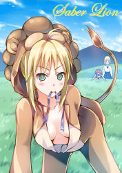 Rule 34 | 1boy, 2girls, ahoge, animal costume, arms ai, artoria pendragon (fate), bad id, bad pixiv id, binoculars, blonde hair, blood, blush, breasts, character name, cleavage, emiya shirou, fate/stay night, fate/tiger colosseum, fate (series), green eyes, heart, heart-shaped pupils, lion costume, medium breasts, mouth hold, multiple girls, nosebleed, qoo556684, ribbon, saber (fate), saber lion, short hair, symbol-shaped pupils