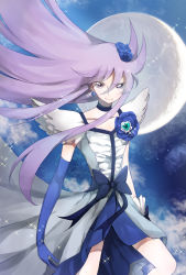 Rule 34 | 10s, 1girl, asymmetrical clothes, bad id, bad pixiv id, bow, brooch, choker, cure moonlight, dress, earrings, eyelashes, flower, full moon, gloves, hair flower, hair ornament, heart, heart brooch, heartcatch precure!, highres, jewelry, lacolon, long hair, looking at viewer, magical girl, moon, night, precure, purple eyes, purple hair, ribbon, serious, single glove, solo, standing, tsukikage yuri, waist bow, wrist cuffs