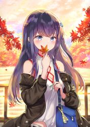 Rule 34 | 1girl, autumn leaves, bag, bare shoulders, bow, breasts, brown jacket, cleavage, cleavage cutout, clothing cutout, commentary request, highres, holding, holding leaf, jacket, leaf, long hair, maple leaf, mosta (lo1777789), off shoulder, open clothes, open jacket, original, purple eyes, purple hair, shirt, shoulder bag, sleeveless, sleeveless shirt, small breasts, solo, very long hair, white bow, white shirt