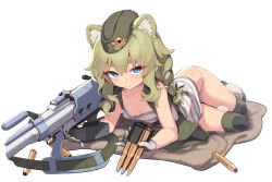 Rule 34 | 1girl, animal ear fluff, animal ears, bear ears, bear girl, blue eyes, boots, braid, breasts, clip (weapon), frown, gloves, green hair, hat, highres, holding clip (weapon), knee pads, long hair, looking at viewer, lying, on side, original, panties, ptrs-41, sgt-jz, simple background, small breasts, solo, tank top, thick eyebrows, underwear, white background
