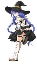 Rule 34 | 1girl, absurdres, ass peek, black hat, black skirt, blue eyes, blue hair, boots, braid, brown cloak, cloak, closed mouth, clothes lift, full body, hat, highres, long braid, mushoku tensei, roxy migurdia, simple background, skirt, skirt lift, smile, solo, standing, standing on one leg, thigh strap, twin braids, white background, witch hat, yami (yangjiechen5)