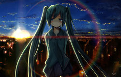 Rule 34 | 1girl, arms behind back, blue eyes, blush, cloud, female focus, green hair, hatsune miku, highres, last night good night (vocaloid), lens flare, long hair, necktie, outdoors, sky, solo, stk, sun, twintails, very long hair, vocaloid