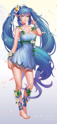Rule 34 | 1girl, 2015, absurdly long hair, ahoge, alternate costume, ankle lace-up, aqua nails, arm at side, artist name, bare shoulders, barefoot, blue dress, blue eyes, blue hair, breasts, character name, chocolazy, cleavage, closed mouth, collarbone, contrapposto, cross-laced footwear, dated, dress, eyelashes, fairy, fairy wings, flower, full body, hair between eyes, hair flower, hair ornament, tucking hair, hand to head, hand up, hatsune miku, highres, lips, long hair, looking at viewer, matching hair/eyes, medium breasts, nail polish, petals, pink lips, pointy ears, short dress, sidelocks, sleeveless, sleeveless dress, smile, solo, standing, toenail polish, toenails, twintails, very long hair, vocaloid, white wings, wings