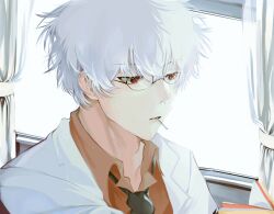 Rule 34 | 1boy, commentary request, curtains, food in mouth, gintama, glasses, grey hair, indoors, lab coat, lm skeleton, loose necktie, male focus, necktie, official alternate costume, popsicle, popsicle in mouth, reading, red eyes, sakata gintoki, sitting, solo, upper body, window