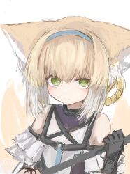 Rule 34 | 1girl, animal ears, arknights, bare shoulders, black collar, black gloves, blonde hair, blue hairband, blush, braid, braided hair rings, closed mouth, clothing cutout, collar, commentary request, fox ears, fox girl, fox tail, gloves, green eyes, hair between eyes, hair rings, hairband, highres, holding, holding staff, infection monitor (arknights), kitsune, kyuubi, looking at viewer, multicolored hair, multiple tails, piennamekuzi, short hair, shoulder cutout, single glove, sketch, solo, staff, suzuran (arknights), tail, two-tone hair, upper body, white background, white hair