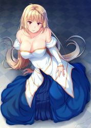 Rule 34 | 00s, 1girl, archetype earth, arcueid brunestud, blonde hair, blush, breasts, checkered floor, cleavage, collarbone, detached sleeves, dress, large breasts, lips, long hair, looking at viewer, miyai sen, parted lips, puffy sleeves, red eyes, sitting, smile, solo, strapless, strapless dress, tsukihime, very long hair