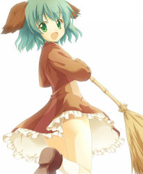 Rule 34 | 1girl, :d, animal ears, ass, bad id, bad pixiv id, bamboo broom, bloom, broom, dog ears, dress, female focus, francis de lariatte, green eyes, green hair, kasodani kyouko, looking back, matching hair/eyes, open mouth, short hair, smile, solo, tareme, touhou, white background, wind, wind lift