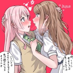 2girls after_kiss bang_dream! bang_dream!_it&#039;s_mygo!!!!! blue_eyes blush breasts brown_hair brown_sweater_vest chihaya_anon collared_shirt commentary_request diagonal-striped_clothes diagonal-striped_necktie dress extreme_yuri_buta eye_contact fang green_necktie grey_eyes hand_on_another&#039;s_head haneoka_school_uniform highres long_hair looking_at_another medium_breasts multiple_girls nagasaki_soyo necktie necktie_grab neckwear_grab open_mouth pink_background pink_hair puffy_short_sleeves puffy_sleeves saliva saliva_trail school_uniform shirt short_sleeves sidelocks simple_background skin_fang striped_clothes sweater_vest translation_request tsukinomori_school_uniform upper_body white_dress white_shirt yuri