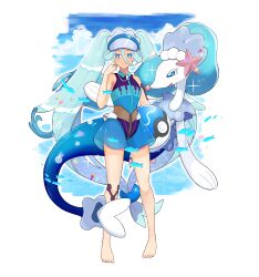 Rule 34 | 1girl, absurdres, ball, barefoot, beachball, blue eyes, blue shorts, bright pupils, closed mouth, colored eyelashes, commentary request, creatures (company), fish, full body, game freak, gen 7 pokemon, green hair, grey headwear, hair between eyes, hand up, hatsune miku, highres, holding, holding ball, keaworks, knees, long hair, looking at viewer, nintendo, pokemon, pokemon (creature), primarina, project voltage, shorts, smile, sparkle, toes, twintails, visor cap, vocaloid, water miku (project voltage), white pupils, zipper pull tab