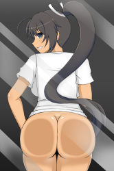 Rule 34 | 10s, 1girl, against fourth wall, against glass, ahoge, ass, ass press, black hair, bottomless, breasts, butt crack, dark-skinned female, dark skin, female focus, fourth wall, from behind, green eyes, grin, hair ornament, hair ribbon, highres, homura (senran kagura), huge ass, large breasts, long hair, looking at viewer, looking back, mooning, morikurousagi, ponytail, ribbon, senran kagura, shiny skin, shirt, sideboob, smile, solo, very long hair, y shaped butt crack