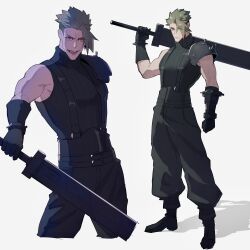 Rule 34 | 1boy, absurdres, achilles (fate), arm at side, black gloves, black pants, buster sword, cloud strife, cloud strife (cosplay), cosplay, fate (series), final fantasy, final fantasy vii, frown, full body, gloves, green hair, haruakira, highres, holding, holding sword, holding weapon, looking at viewer, male focus, mature male, muscular, muscular male, over shoulder, pants, pectorals, red eyes, ribbed shirt, shadow, shirt, short hair, simple background, single shoulder pad, suspenders, sword, undercut, weapon, weapon over shoulder, white background