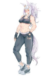 Rule 34 | 1girl, abs, absurdres, bare shoulders, biwa hayahide (umamusume), black leggings, breasts, cleavage, collarbone, commentary, contrapposto, full body, groin, highres, horse girl, large breasts, leggings, looking at viewer, midriff, minew, muscular, muscular female, navel, parted lips, sidelocks, simple background, solo, sports bra, standing, umamusume, white background