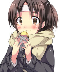 Rule 34 | 10s, 1girl, alternate costume, baked potato, blush, brown eyes, brown hair, coat, eating, food, headband, holding, holding food, kantai collection, long sleeves, looking at viewer, nagara (kancolle), one side up, ponytail, roasted sweet potato, scarf, short hair, side ponytail, simple background, sk02, solo, sweet potato, upper body, white background, roasted sweet potato