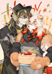 Rule 34 | 2boys, animal ears, apron, arknights, black coat, black headwear, cake, coat, colored tips, commission, dragon boy, dragon ears, fins, fish tail, food, furry, furry male, gloves, grey apron, hand on another&#039;s shoulder, hand on another&#039;s stomach, happy birthday, holding, holding cake, holding food, horns, hung (arknights), komainu boy, komainu ears, komainu tail, lee (arknights), looking at viewer, male focus, mittens, multicolored hair, multiple boys, one eye closed, orange mittens, oven mitts, round eyewear, single horn, sokimi (sosojovan), star (symbol), tail, yellow gloves