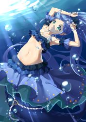 Rule 34 | 1girl, :o, absurdres, armpits, arms up, bare shoulders, blue hair, blurry, bracelet, bubble, collarbone, commentary request, depth of field, detached sleeves, fins, fish tail, frilled skirt, frills, gem, green eyes, hair ribbon, highres, jewelry, long hair, looking at viewer, mermaid, monster girl, navel, necklace, ocean, original, pearl (gemstone), pearl bracelet, pearl necklace, pointy ears, ponytail, ribbon, scales, shell hair ornament, shinko gunsei, sidelocks, skirt, solo, stomach, strapless, sunlight, tail, tube top, underwater