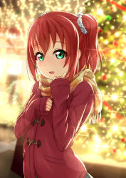 Rule 34 | 1girl, :d, aqua eyes, blurry, blurry background, christmas lights, coat, diffraction spikes, hair ornament, highres, kurosawa ruby, long sleeves, looking at viewer, love live!, love live! school idol festival, love live! sunshine!!, open mouth, polka dot, polka dot scrunchie, prbili, red coat, red hair, scarf, scrunchie, sleeves past wrists, smile, solo, two side up, upper body, winter clothes