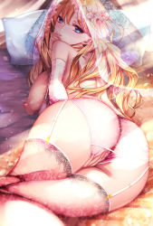 Rule 34 | 1girl, ass, bare shoulders, bianca (dq5), blonde hair, blue eyes, blush, breasts, curvy, dragon quest, dragon quest v, fishnet thighhighs, fishnets, floral print, flower, garter straps, gloves, hair flower, hair ornament, highres, huge ass, large breasts, long hair, looking at viewer, looking back, lying, modern afro, nipples, panties, pillow, pink panties, pink thighhighs, solo, thighhighs, underwear, veil, wavy hair, wide hips