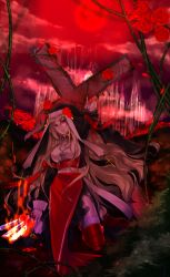 Rule 34 | 1girl, arm up, blonde hair, cross, cross necklace, flower, full moon, glowing, glowing weapon, highres, jewelry, knife, long hair, looking at viewer, moon, necklace, nun, petals, pixiv fantasia, pixiv fantasia sword regalia, plant, red eyes, red flower, red moon, red rose, red theme, rose, rose petals, tateshina ryouko, torn clothes, very long hair, vines, weapon