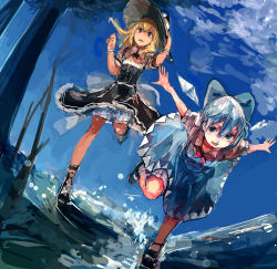 Rule 34 | 2girls, ashiyama yoshinori, bad id, bad pixiv id, bell, black dress, blonde hair, bloomers, blue dress, blue eyes, blue hair, blue sky, brown eyes, cirno, day, dress, hair bell, hair ornament, hat, ice, ice wings, kirisame marisa, multiple girls, open mouth, outstretched arms, running, sky, touhou, underwear, upskirt, wings, witch hat
