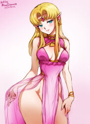 Rule 34 | 1girl, alternate costume, aqua eyes, artist name, bare shoulders, blush, breasts, circlet, cleavage cutout, clothing cutout, collar, commentary, dated, dress, earrings, english commentary, grin, jewelry, lips, looking at viewer, medium breasts, mina cream, nintendo, parted bangs, pelvic curtain, pink dress, pink lips, pointy ears, princess zelda, revealing clothes, see-through, sleeveless, sleeveless dress, smile, solo, super smash bros., the legend of zelda, the legend of zelda: a link between worlds, thighs, triforce earrings