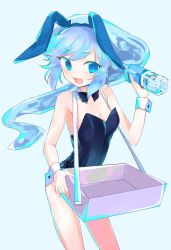 Rule 34 | 1girl, :3, animal ears, aqua eyes, aqua hair, arched back, bare arms, bare legs, bare shoulders, bow, bowtie, breasts, commentary, detached collar, ears down, fake animal ears, hand up, highres, holding, corriente (show by rock!!), kyuuri (miyako), leotard, liquid hair, long hair, looking at viewer, open mouth, oversized breast cup, playboy bunny, rabbit ears, raised eyebrow, show by rock!!, side-tie leotard, small breasts, solo, standing, strapless, strapless leotard, very long hair, wing collar, wrist cuffs