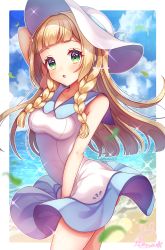 Rule 34 | 1girl, :o, bare arms, bare shoulders, blonde hair, blurry, blush, braid, breasts, cloud, commentary request, creatures (company), day, dress, eyelashes, falling leaves, game freak, green eyes, hat, highres, leaf, lillie (pokemon), long hair, medium breasts, nintendo, open mouth, outdoors, pokemon, pokemon sm, rena rin, signature, sky, sleeveless, sleeveless dress, solo, sparkle, sundress, twin braids, white dress, white hat
