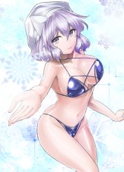 Rule 34 | 1girl, adapted costume, bare shoulders, bikini, blue bikini, breasts, cleavage, closed mouth, commentary, feet out of frame, female focus, foreshortening, hair between eyes, hat, large breasts, letty whiterock, light smile, looking at viewer, outstretched arm, purple eyes, purple hair, reaching, reaching towards viewer, shiny skin, short hair, simple background, snowflakes, solo, swimsuit, thighs, touhou, white background, white hat, y2