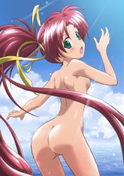 Rule 34 | 1girl, aoi sora no neosphere, aoi umi no tristia, ass, breasts, cloud, green eyes, highres, nanoca flanka, nude, ponytail, pussy, red hair, solo, tagme