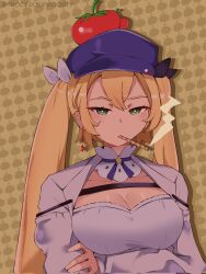 Rule 34 | 1girl, blonde hair, blue hat, breasts, choker, cleavage, crossed arms, dokibird (vtuber), earrings, froofroofroosty, green eyes, hat, highres, indie virtual youtuber, jacket, jewelry, large breasts, long hair, long sleeves, looking at viewer, shirt, single earring, smoking, solo, tomato, twintails, twitter username, upper body, white jacket, white shirt, yellow background