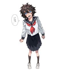 Rule 34 | 1girl, black hair, blue eyes, blush, d:, full body, glasses, highres, jiguang haibao, kneehighs, long sleeves, looking at viewer, momijiyama teru, neckerchief, open mouth, red neckerchief, sailor collar, school uniform, shirt, shoes, short hair, shy (series), simple background, skirt, socks, solo, speech bubble, teeth, translation request, white background, white footwear