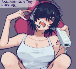 Rule 34 | 1girl, black hair, blush, breasts, chainsaw man, cleavage, eyepatch, game console, hair over one eye, headphones, highres, himeno (chainsaw man), large breasts, liowig, looking at viewer, open mouth, shirt, short hair, simple background, sitting, solo, white shirt, wii